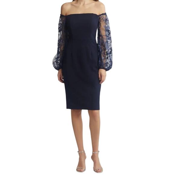 Eliza J Dress off the shoulder sheer sleeves blue size 0 - Picture 1 of 7